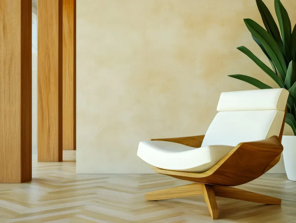 Silla de madera con cojín blanco contra pared color canela; planta en maceta blanca.