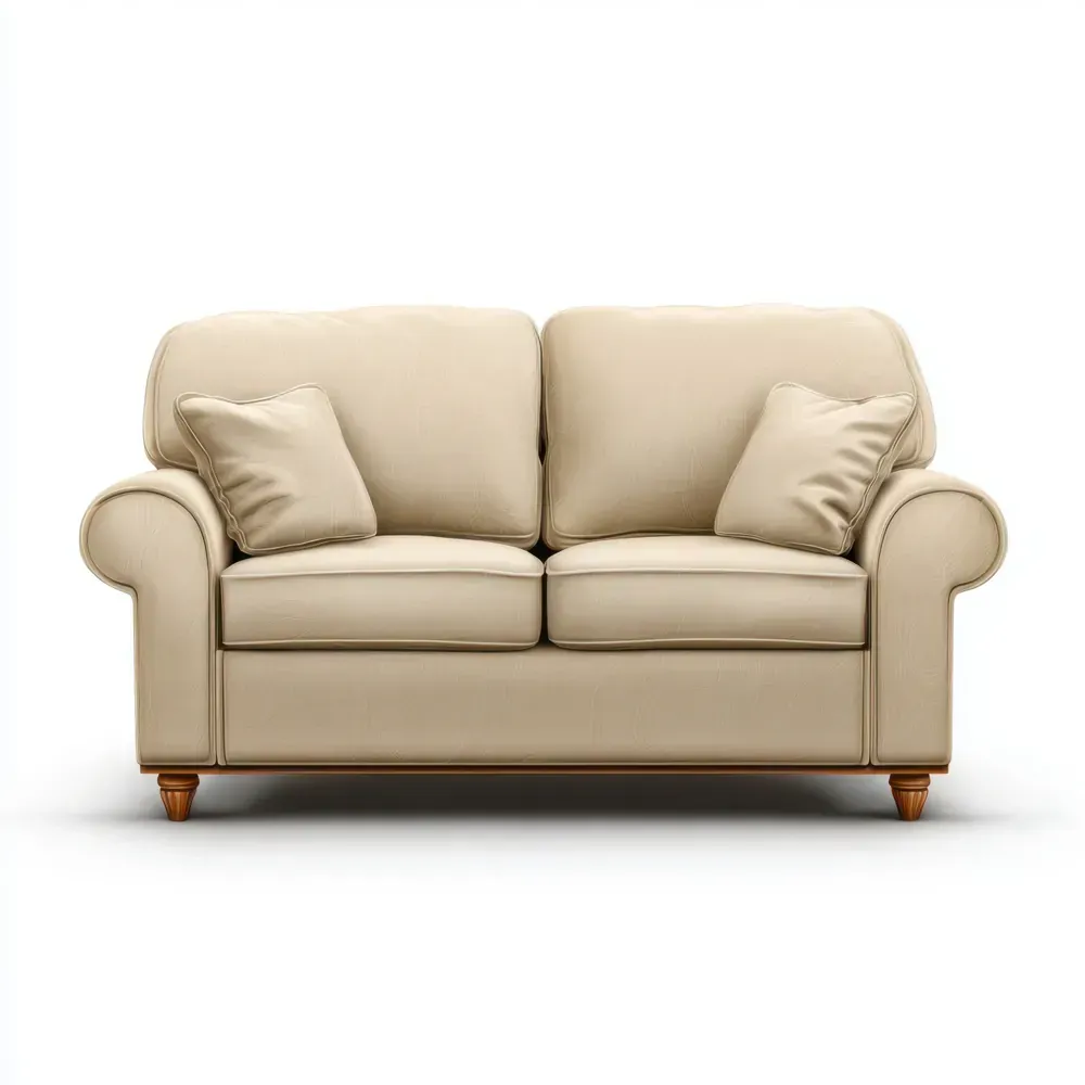 Loveseat color crema con dos cojines y dos almohadones decorativos. Disponible en una mueblería.