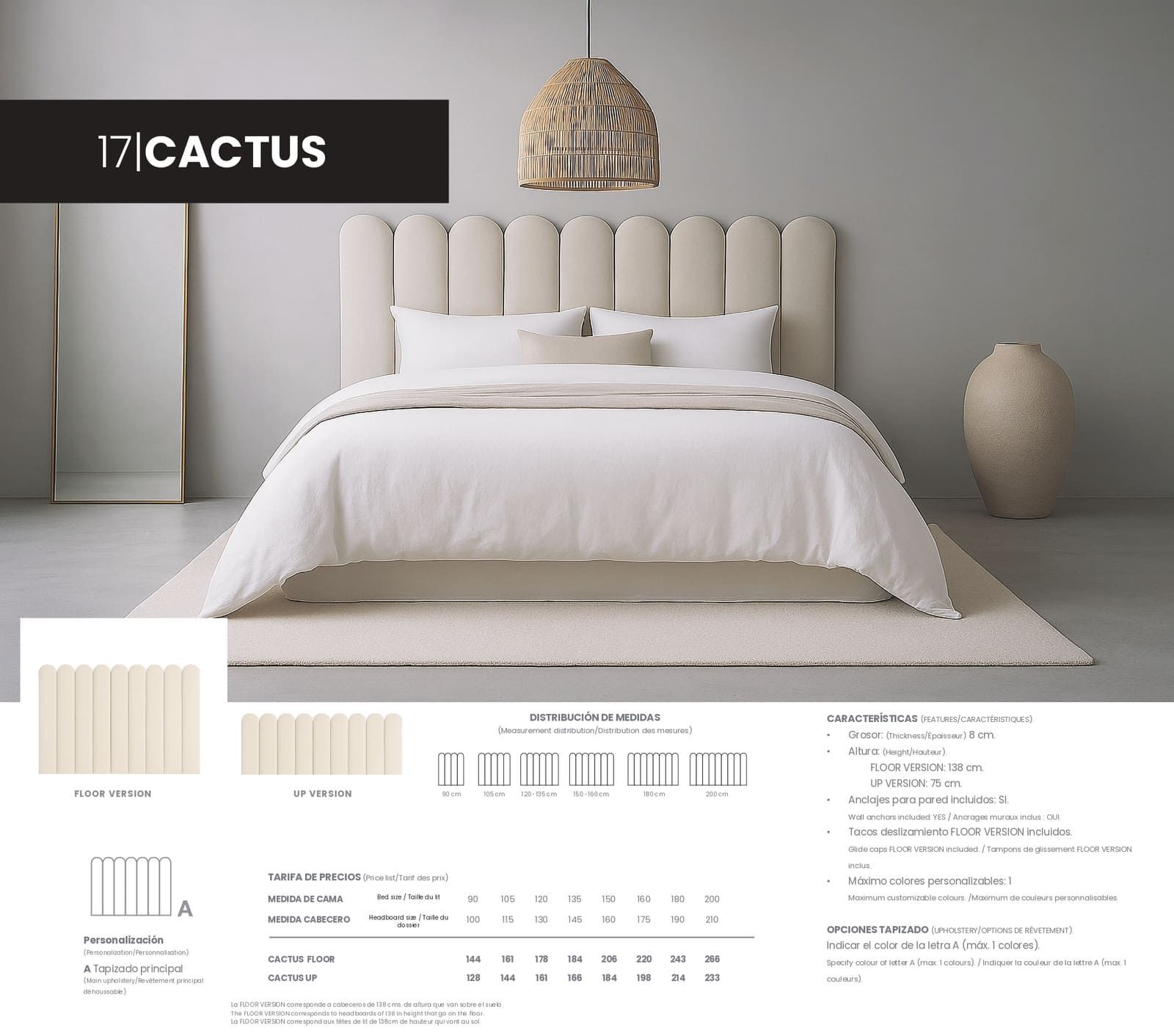 Dormitorio con cama color crema, cabecero, alfombra y decoración. Diseño de página del catálogo de productos.