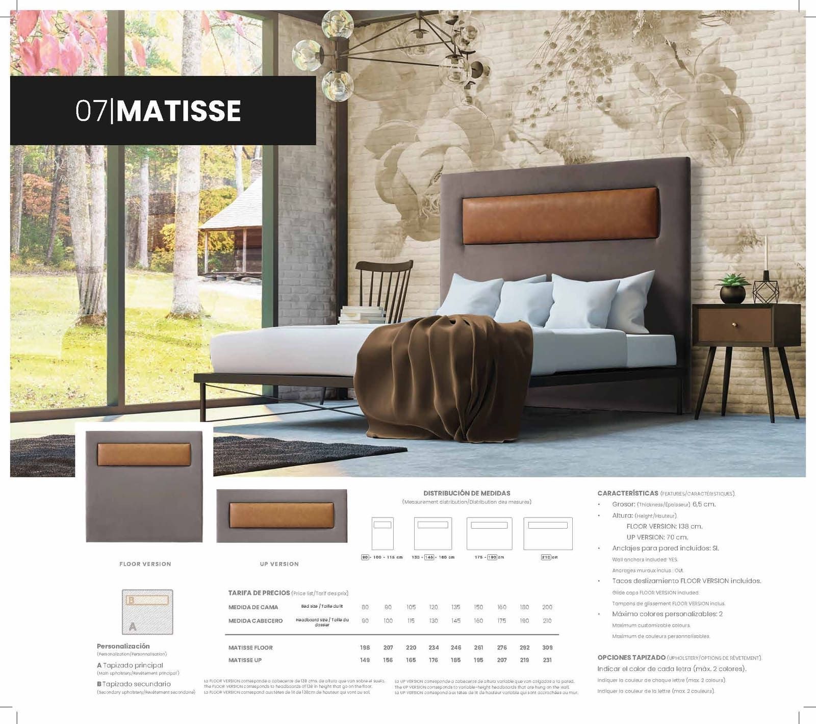 Juego de dormitorio con estructura de cama, cabecero, mesita de noche y ventana. Colores gris, marrón y blanco.