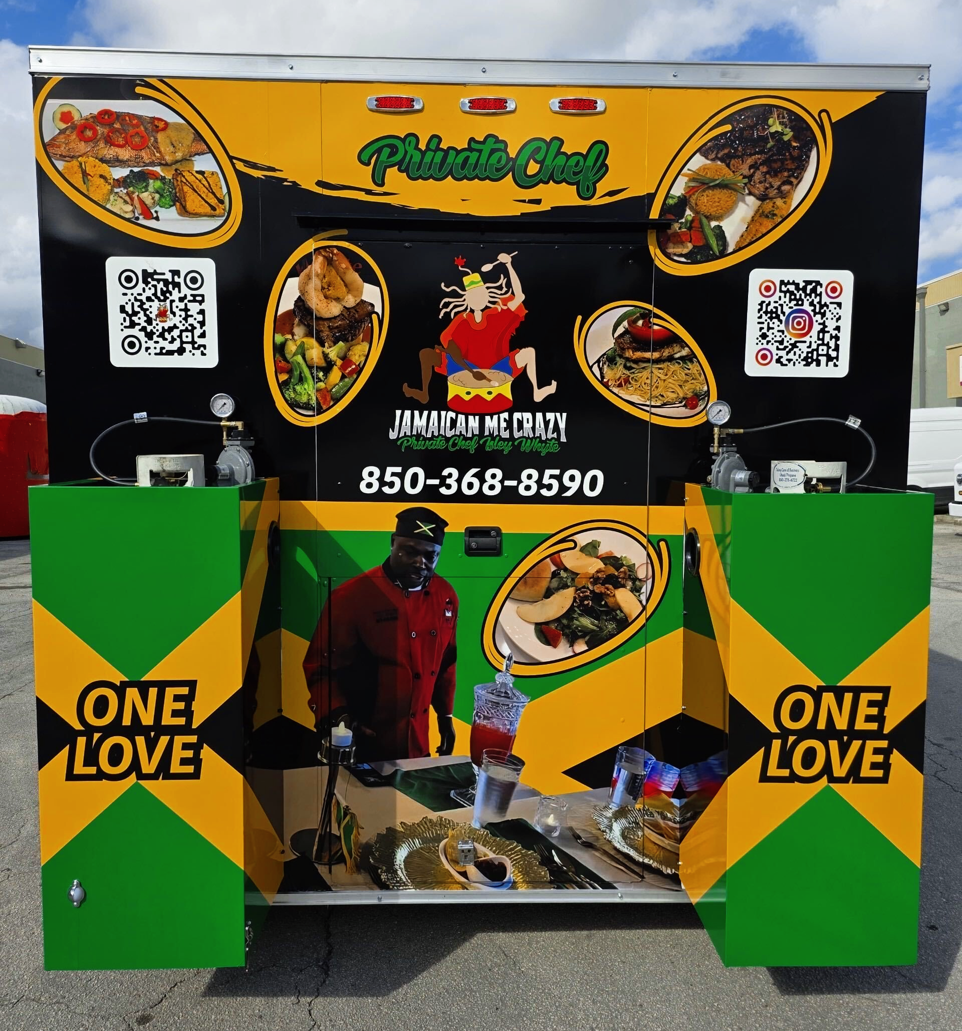 Food truck exterior with Jamaican flag colors, menu items, and phone number. 
