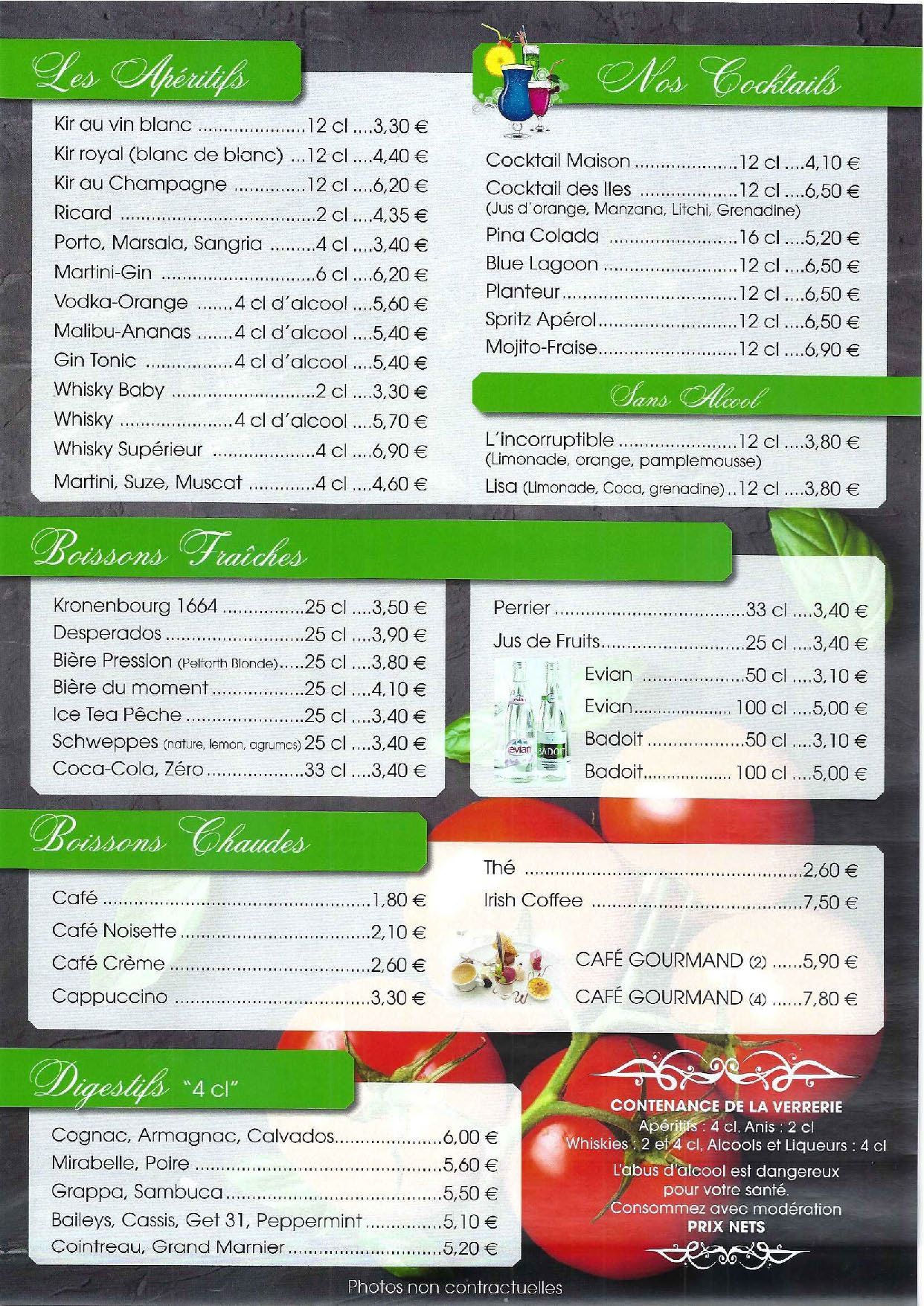 Première page de la carte du restaurant