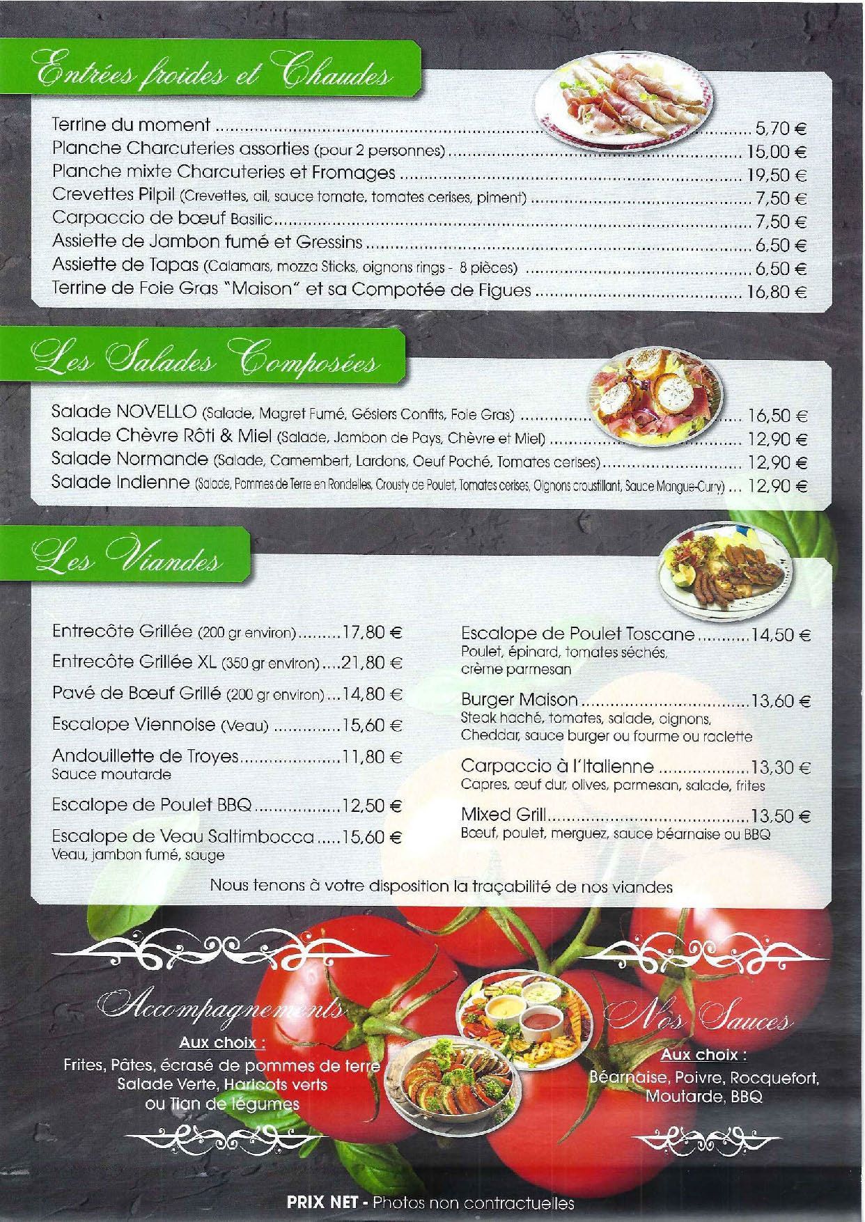 Deuxième page de la carte du restaurant