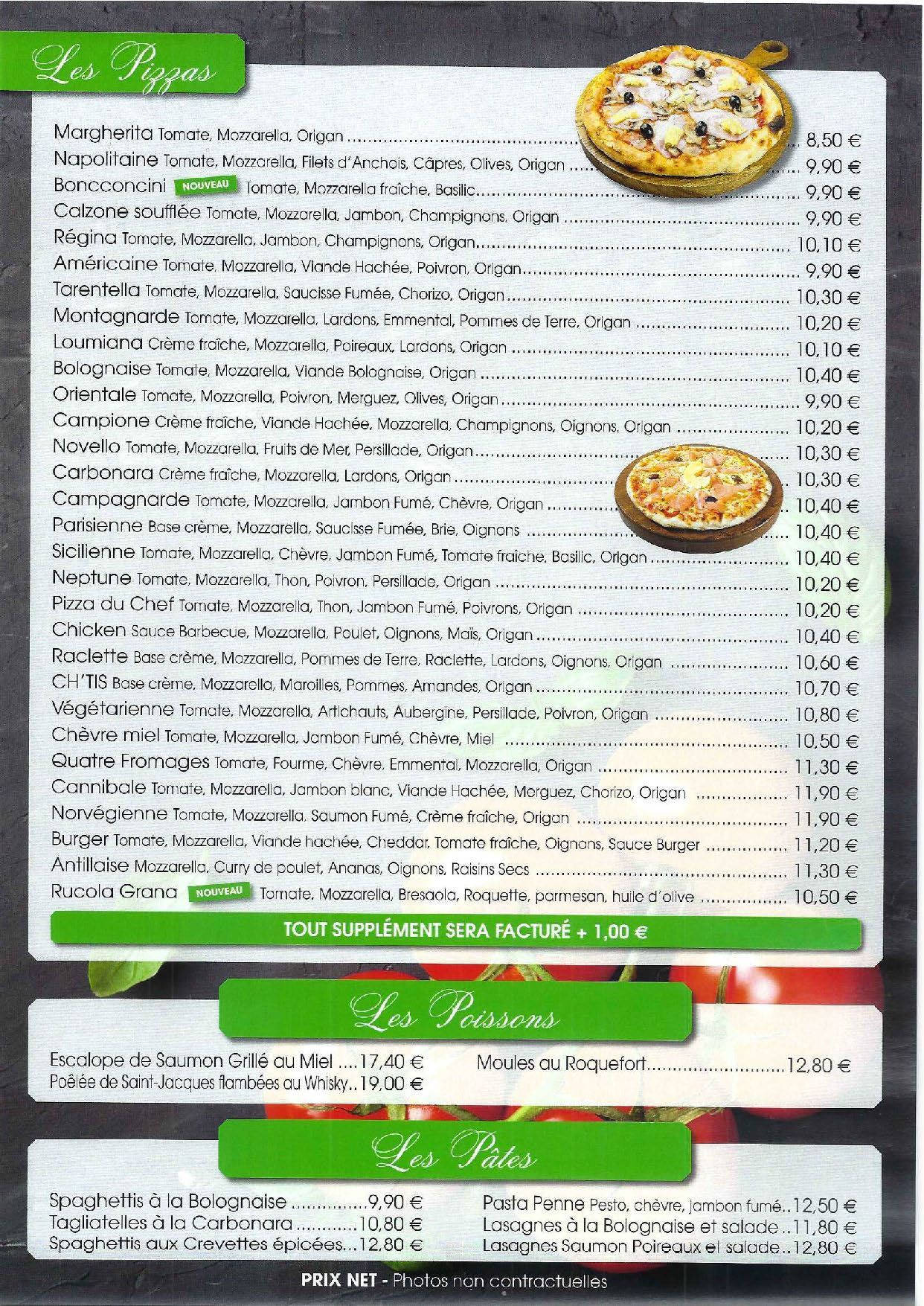 Troisième page de la carte du restaurant