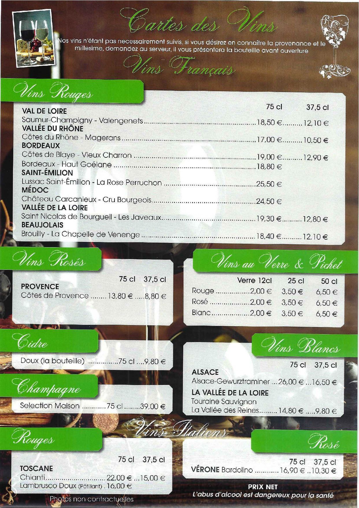 Sixième page de la carte du restaurant