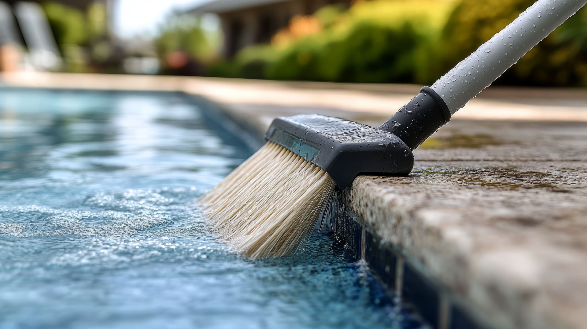 Brosse nettoyant les abords d'une piscine.
