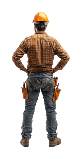 Artisan de dos avec un casque de chantier orange.
