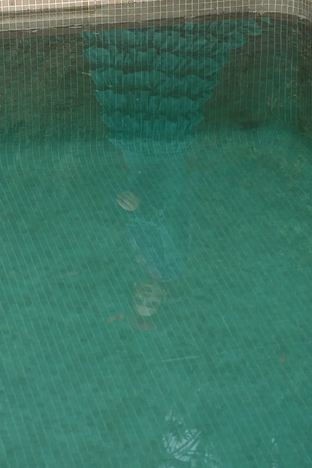 Piscina con agua color verde azulado, paredes de azulejos y escalones sumergidos.