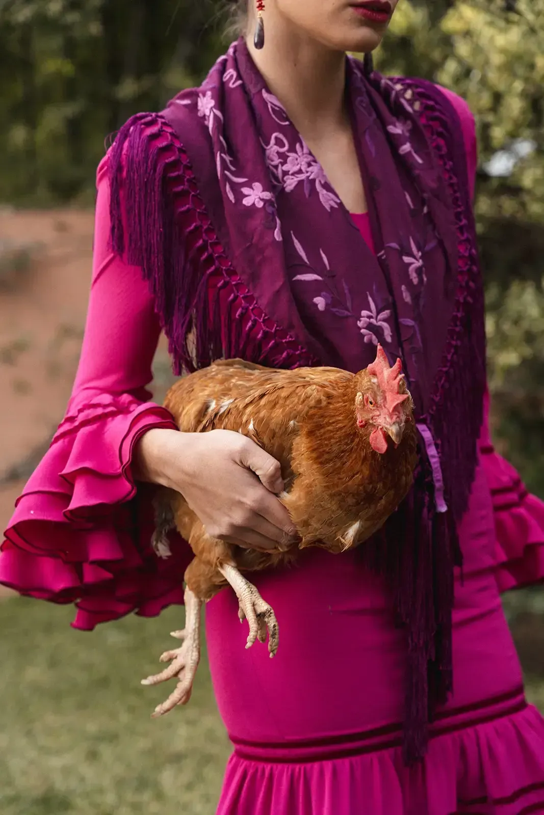Mujer con vestido magenta, sosteniendo un pollo marrón y vistiendo un chal morado.