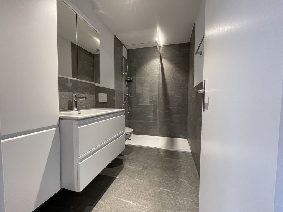 Ein Badezimmer mit Waschbecken, Toilette, Dusche und Spiegel. Foto von der RRB GmbH