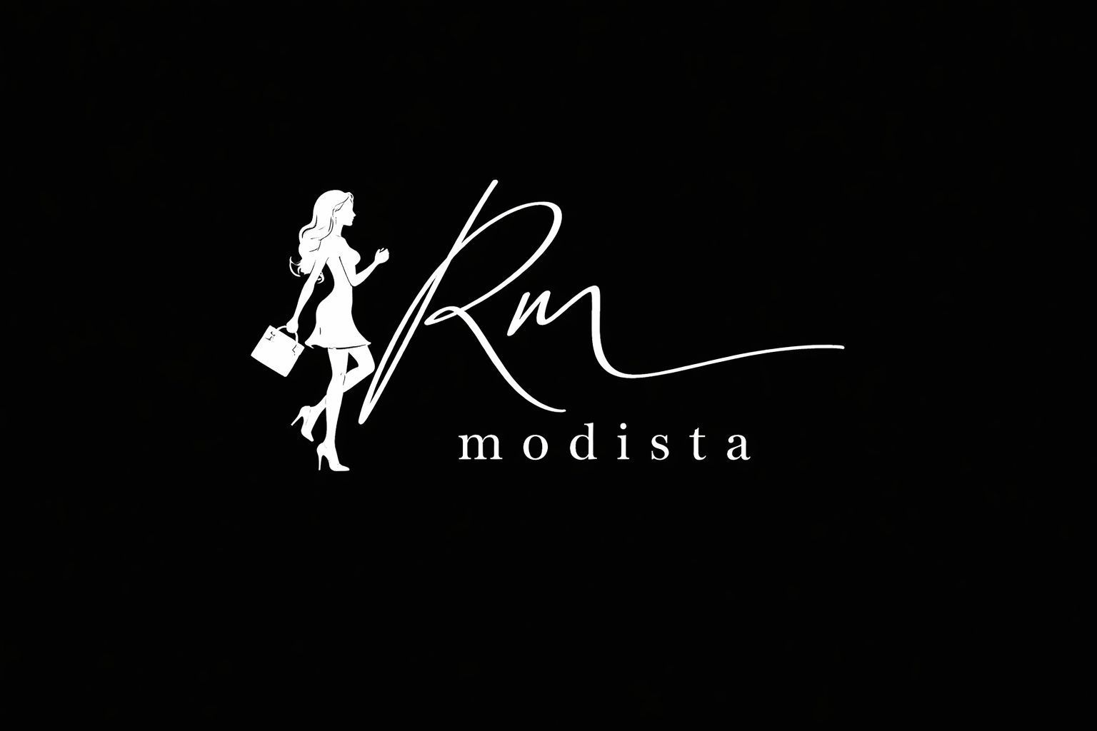 Logotipo blanco sobre fondo negro: la silueta de una mujer que lleva un bolso y la inscripci&oacute;n "Rm modista".