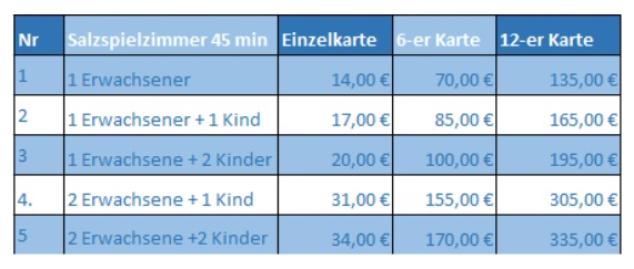 Preistabelle für ein Salzspielzimmer. Sie zeigt verschiedene Ticketarten