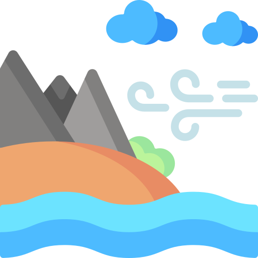 Berge, Strand und Meer mit Wind und Wolken.