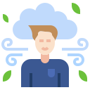 Mann mit hellbraunem Haar unter einer blauen Wolke, mit Windstreifen und grünen Blättern.