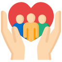 Hände umschließen ein rotes Herz, in dem drei Figuren stehen: blau, gelb und grün.