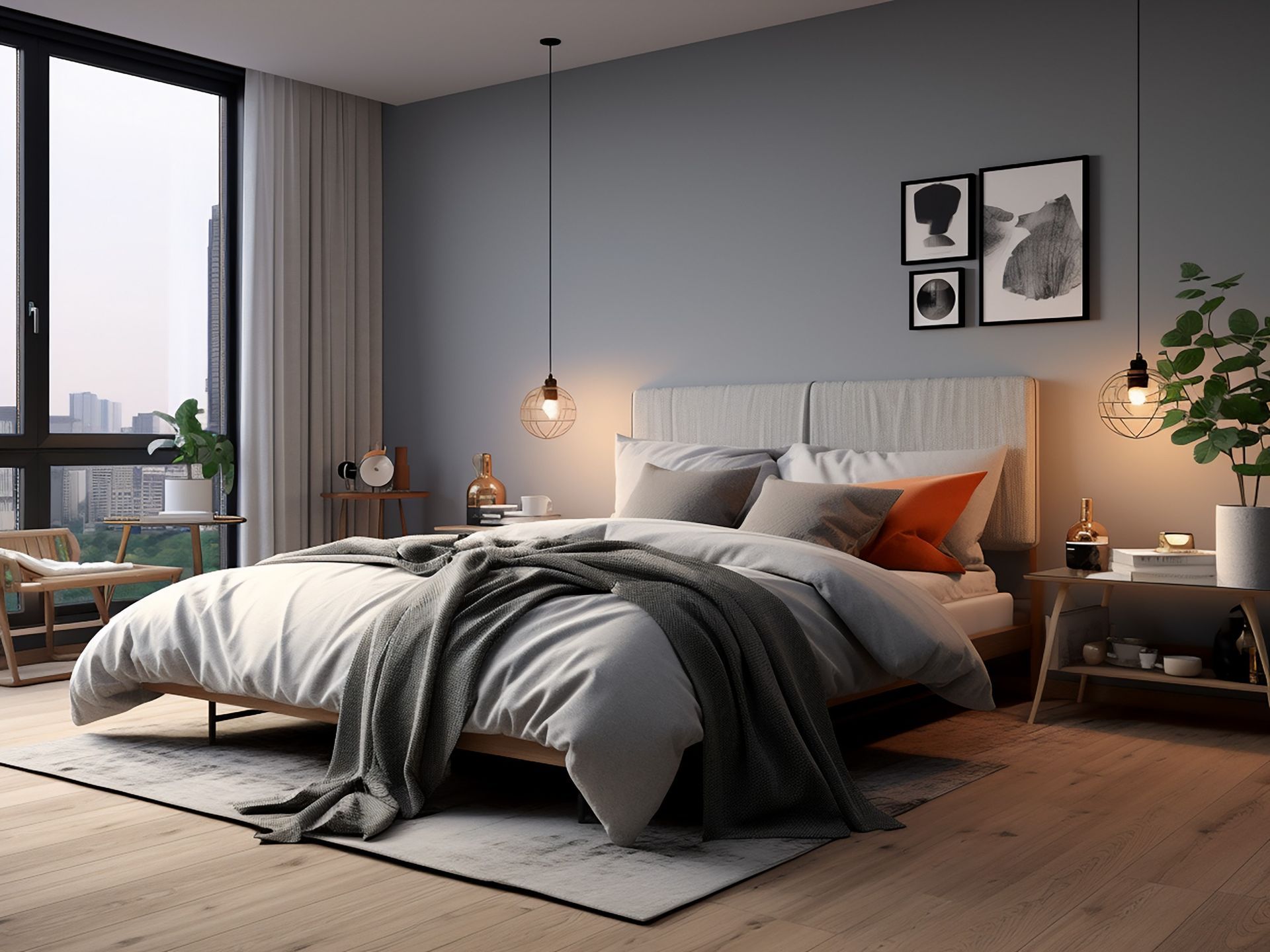 Un dormitorio con una cama grande y una ventana grande.