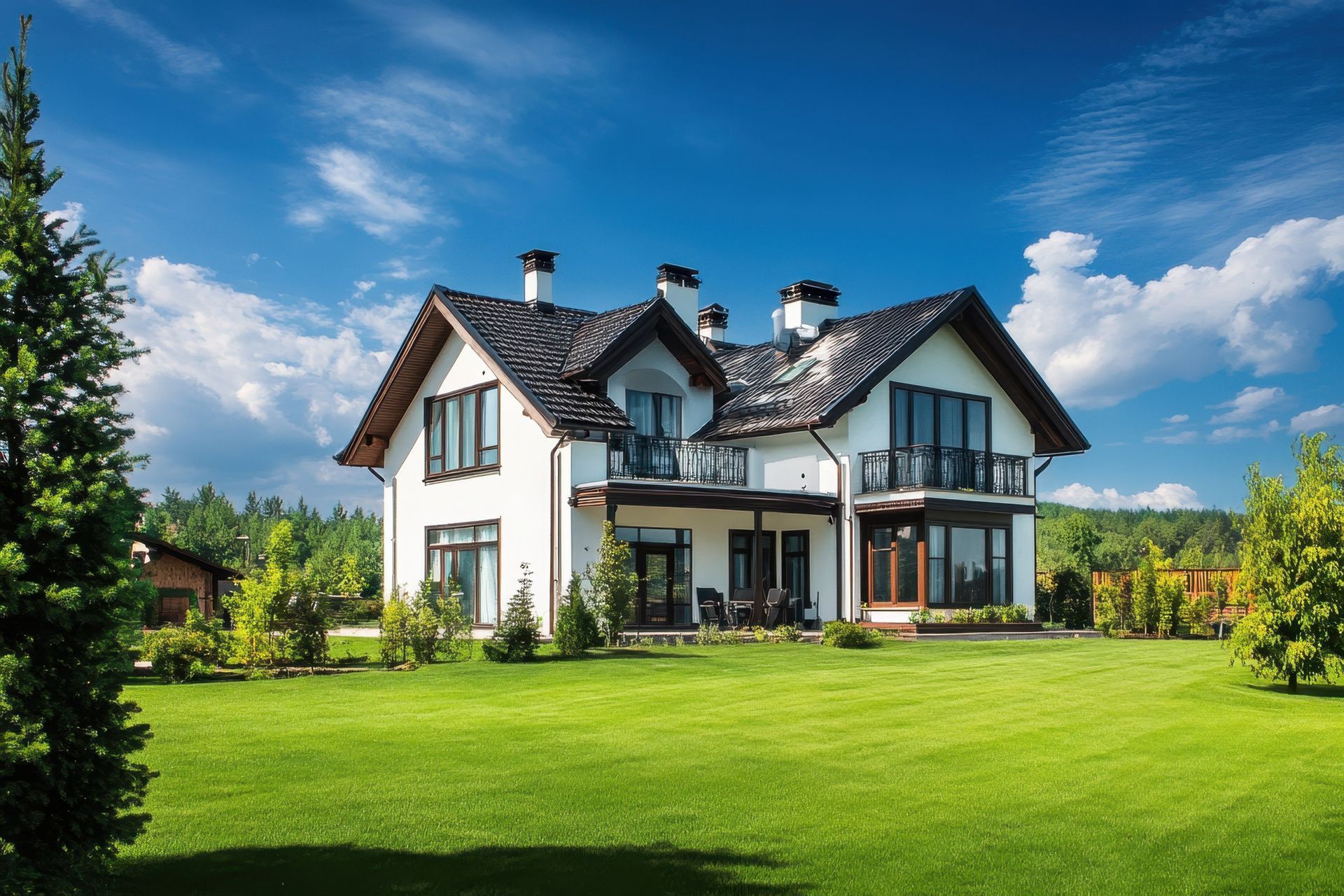 Una gran casa blanca con un exuberante césped verde delante de ella.