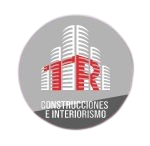 The logo for construcciones e interiorismo shows a building in a circle.