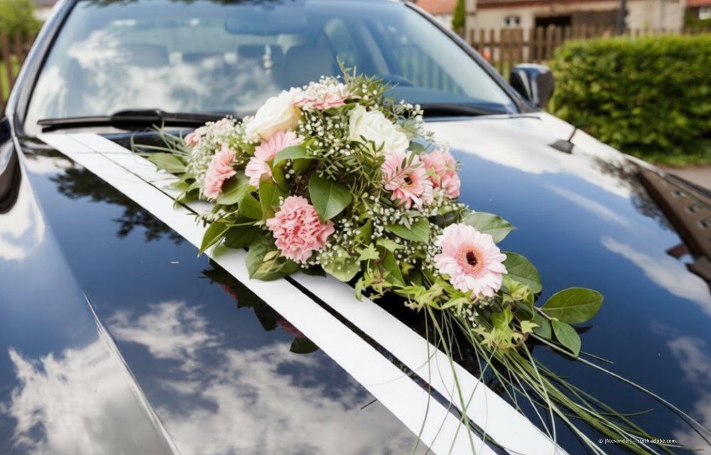 Schwarze Motorhaube, verziert mit einem weißen Streifen und einem Blumenarrangement aus rosa und weißen Blüten.