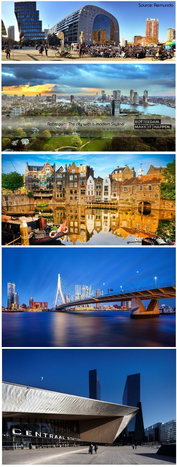 Een collage van vier foto's van een stad met een brug over een watermassa.