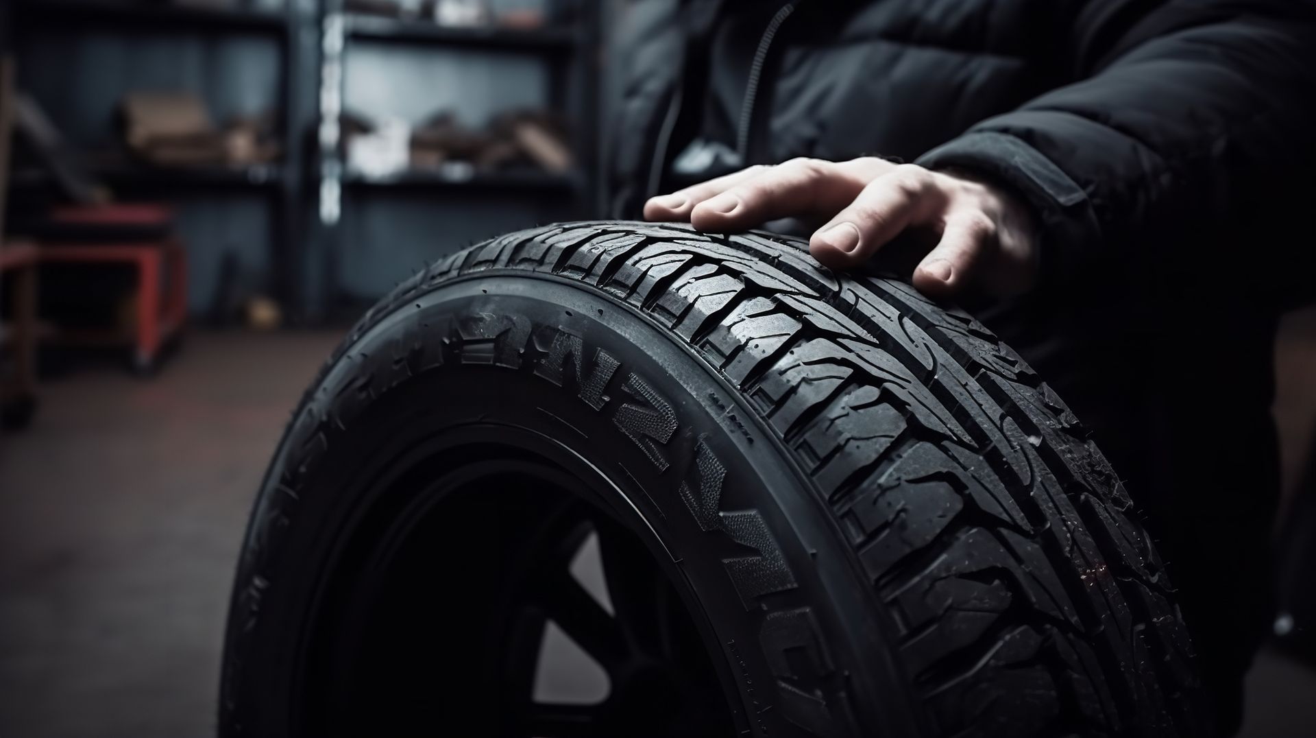 La main d'une personne touchant un pneu dans un garage.