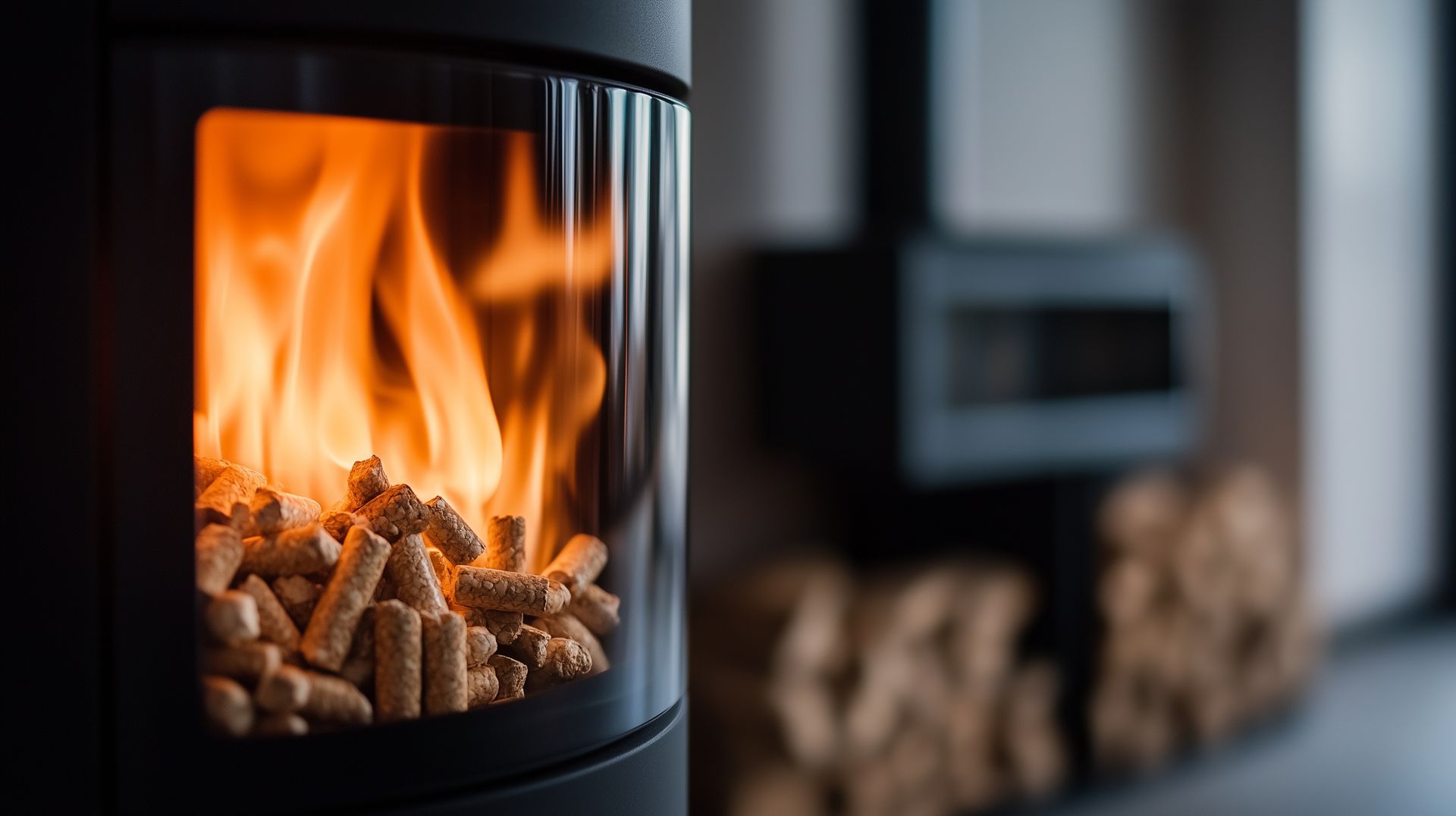 Flambée dans un poêle à granulés avec un poêle à bois en arrière-plan