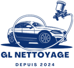 Logo bleu de « GL nettoyage » auto. Au centre, une voiture blanche est entourée de gouttes d'eau sur un fond bleu.
