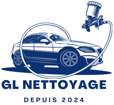 Logo bleu de « GL nettoyage » auto. Au centre, une voiture blanche est entourée de gouttes d'eau sur un fond bleu.