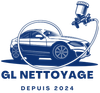 Logo bleu de « GL nettoyage » auto. Au centre, une voiture blanche est entourée de gouttes d'eau sur un fond bleu.