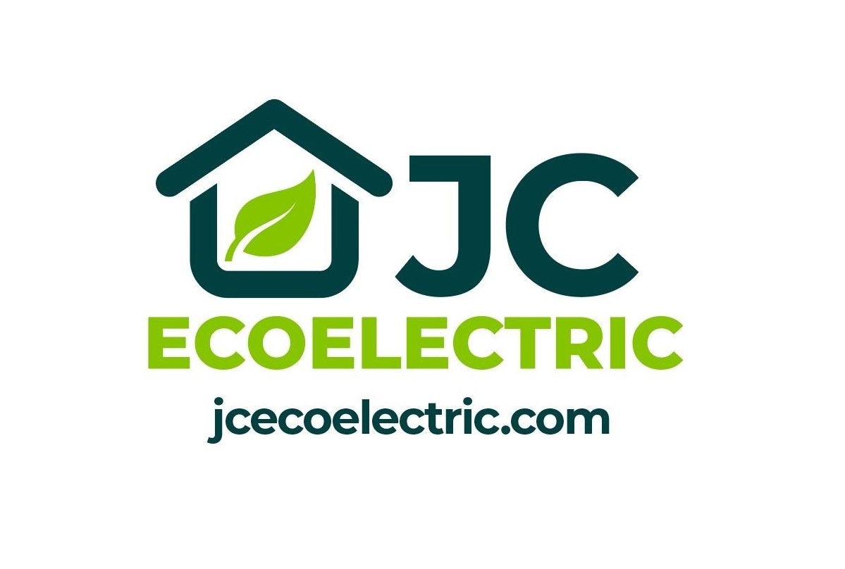 Logotipo de JJC EcoElectric con un icono de invernadero y una hoja, y el sitio web jcecoelectric.com.