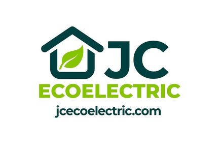 Logotipo de JJC EcoElectric con un icono de invernadero y una hoja, y el sitio web jcecoelectric.com.