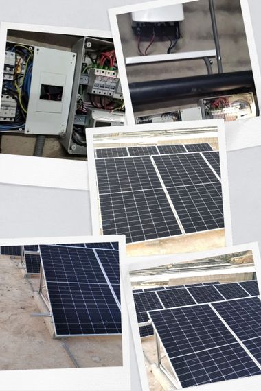Collage de paneles solares y equipos eléctricos, que muestra conjuntos fotovoltaicos instalados en tejados y en el suelo.