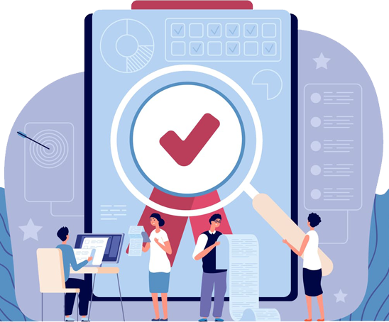 Un grupo de personas están de pie alrededor de un portapapeles con una marca de verificación en él.