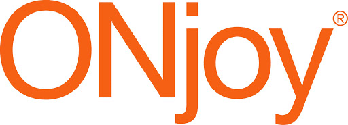 Un logotipo de Onjoy naranja y blanco sobre un fondo blanco.