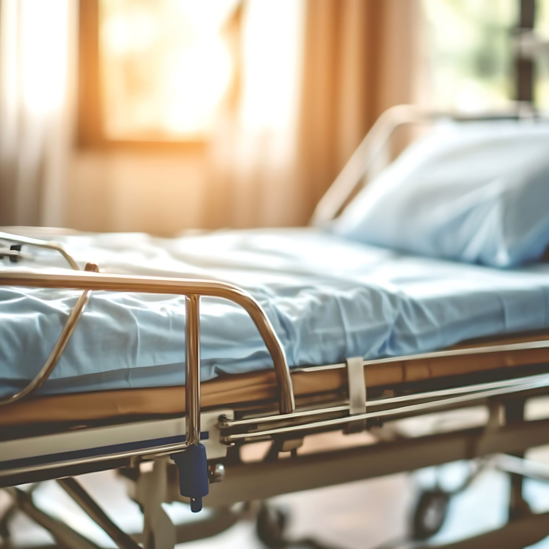 Lit d'hôpital vide avec des draps bleus