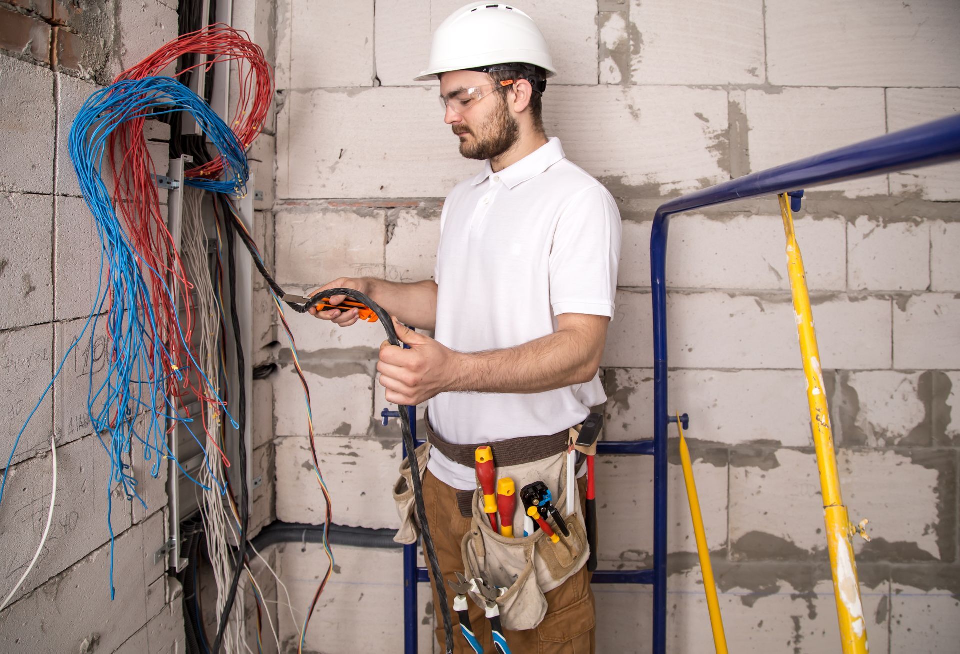 Eletricista de capacete trabalhando com fios em uma parede de tijolos.
