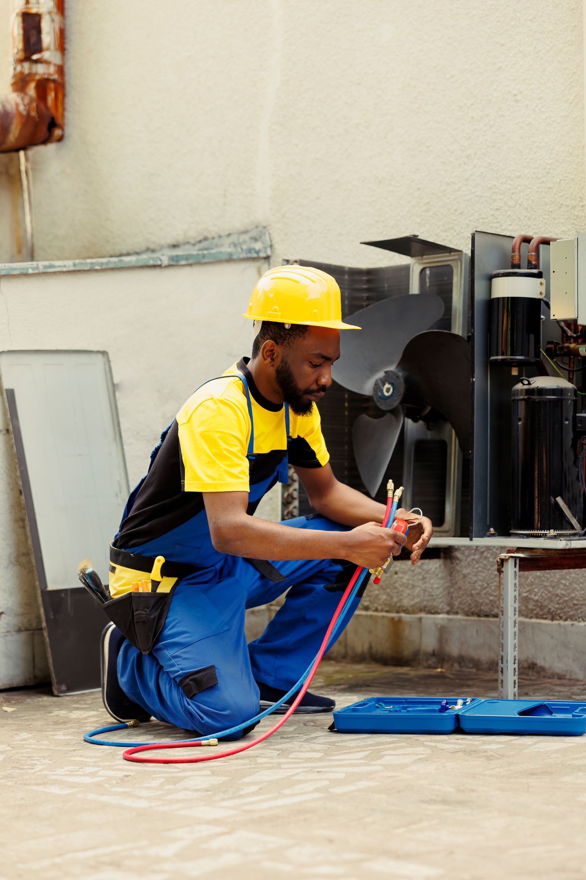 Técnico de HVAC ajoelhado, conectando mangueiras à unidade, usando capacete amarelo e roupa de trabalho azul.