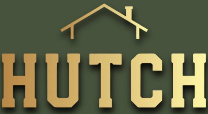 Gold-colored text reading "HUTCH" in a block font with a simple house icon centered above it on a dark green background.