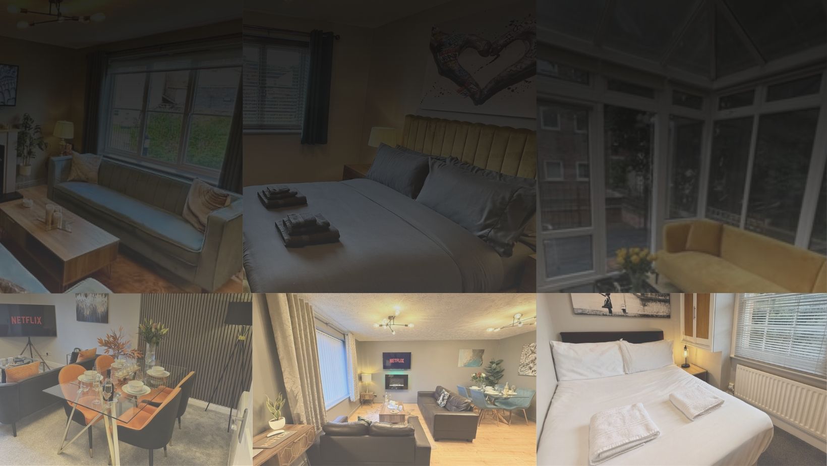 A collage of six photos showing a modern, furnished interior of a house, including living, dining, and bedroom areas.