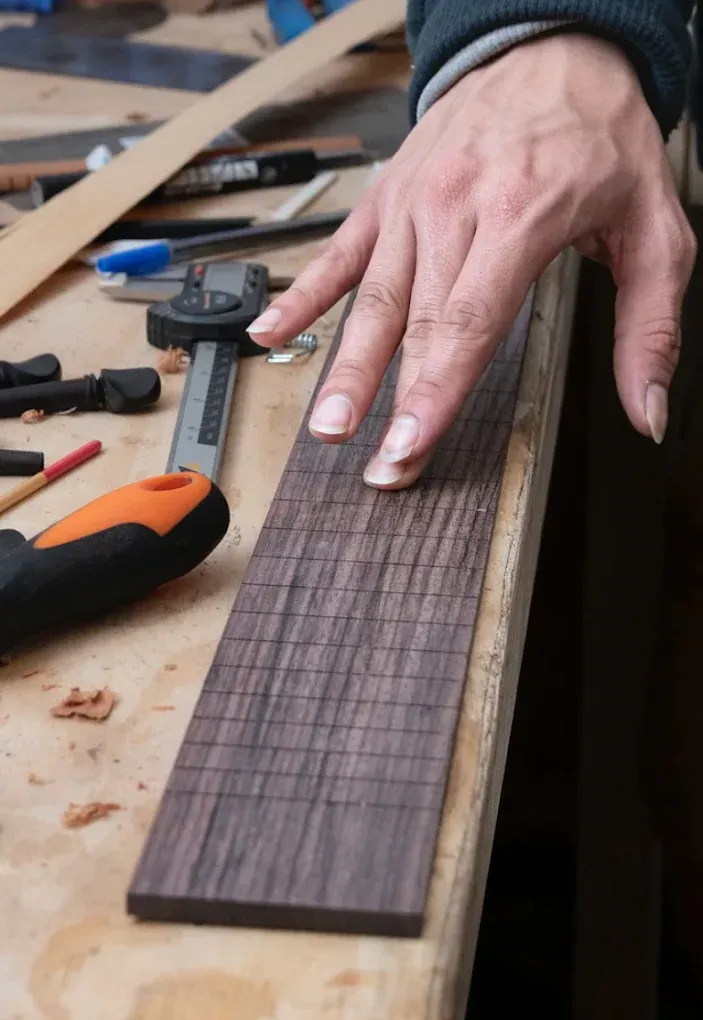 Una mano descansa sobre el diapasón de una guitarra de madera oscura, marcado con líneas de trastes