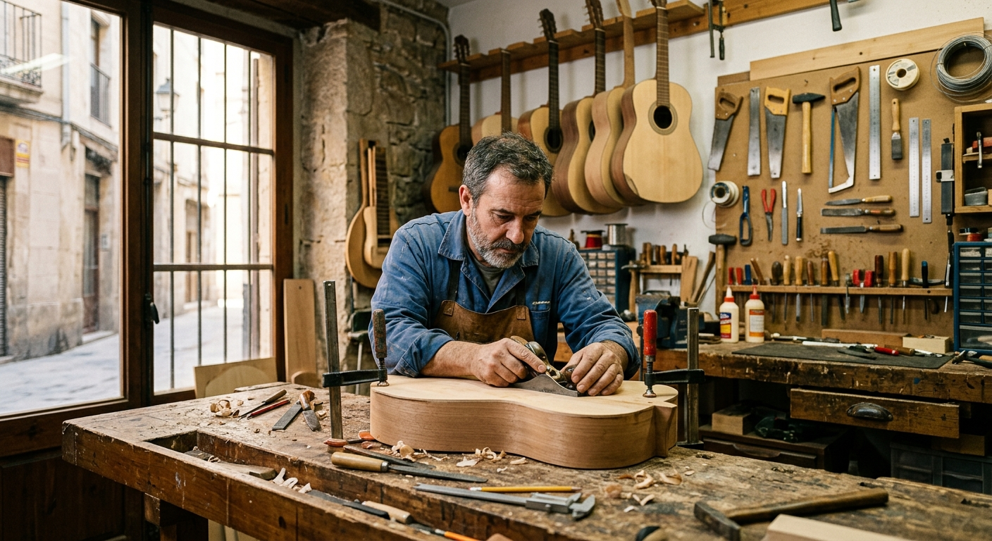 Un carpintero talla el cuerpo de una guitarra en un taller soleado, con herramientas y guitarras colgadas.