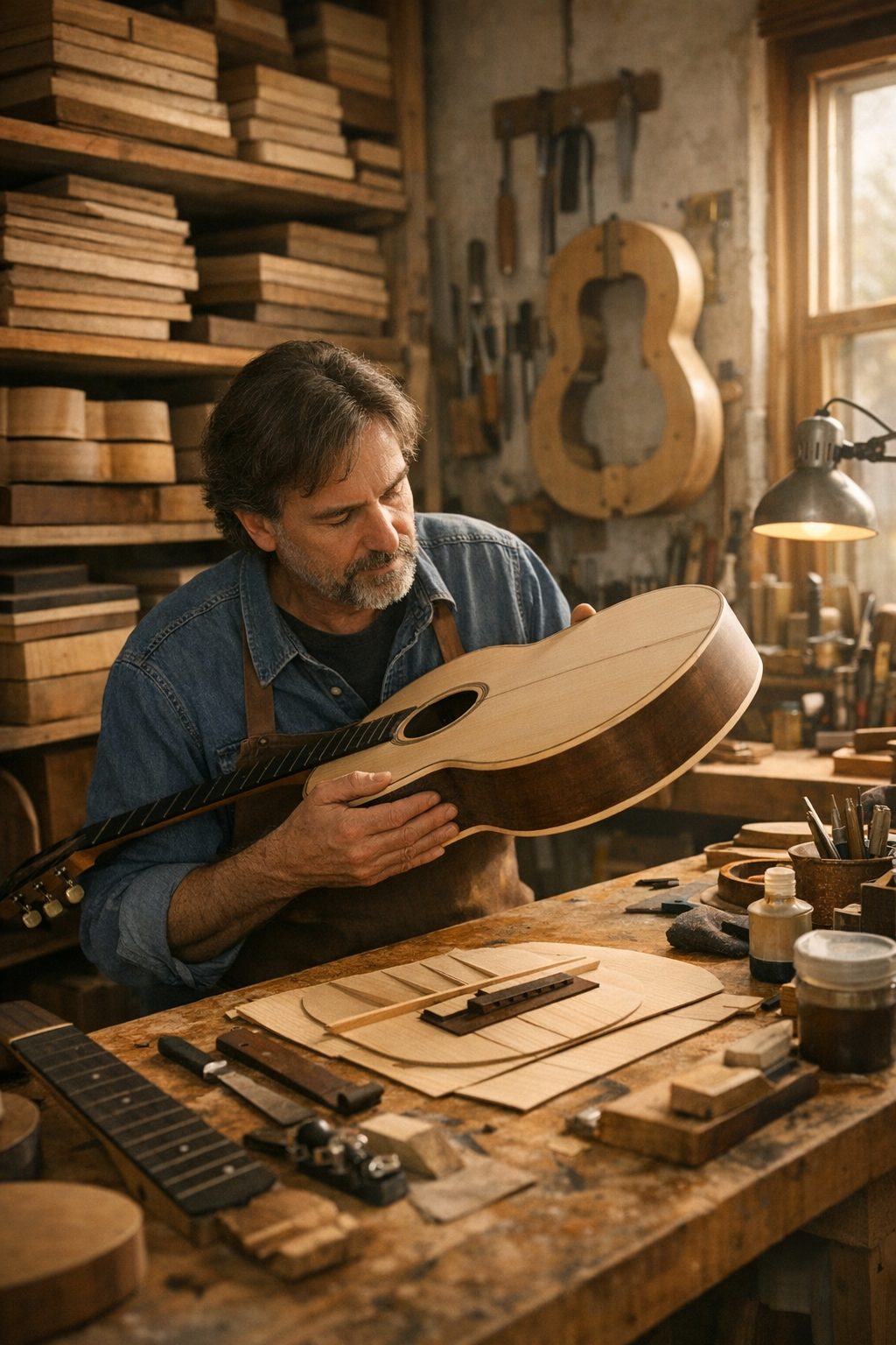 Un luthier inspecciona una guitarra acústica en un taller cálido, revestido de madera, con herramientas sobre el banco de trabajo.