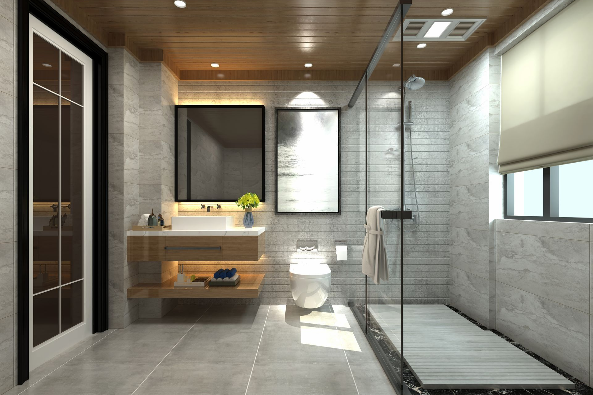 Page salle de bains Une salle de bain moderne comportant une douche ainsi qu'un lavabo