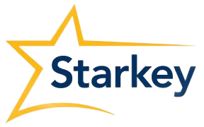 Starkey-Logo: Gelber Sternumriss mit dem Wort „Starkey“ in Dunkelblau.