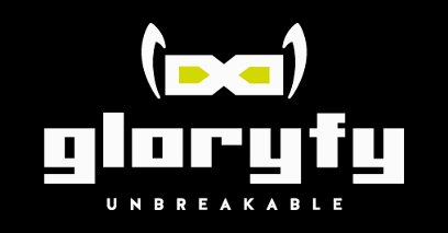 Logo von Gloryfy, schwarzer Hintergrund, weißer Text, mit einem stilisierten Brillensymbol. Darunter „Unbreakable“.