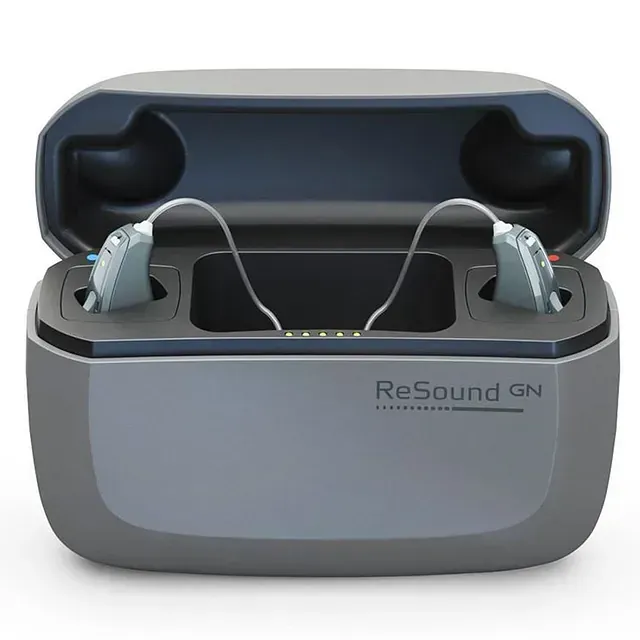 Graues ReSound-Hörgeräteladegerät mit zwei Hörgeräten darin, bereit zum Laden.