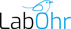LabOhr-Logo mit einem blauen Vogel und blauem Text.