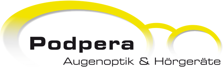 Podpera-Logo mit gelbem Bogen, schwarzem Text und grauem Untertitel „Augenoptik & Hörgeräte“