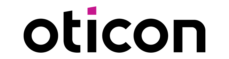 Oticon-Logo, schwarzer Text mit einem fuchsiafarbenen Akzent über dem „i“.