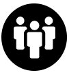 Tres figuras blancas en un círculo negro, que representan un grupo o equipo.